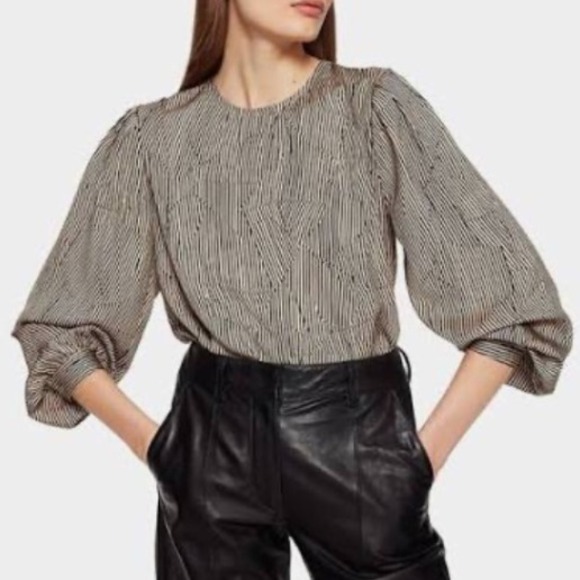 Anine Bing Tops - Anine Bing Willa Silk Top Crinkle Stripe Size Medium Tan‎ and Black